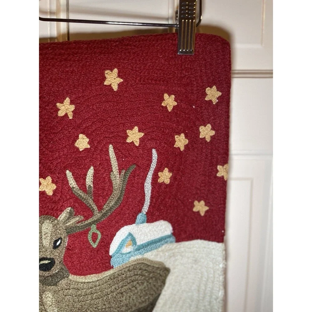 Pottery Barn Christmas Reindeer Embroidered Pillow Cover Red White Used 18x18